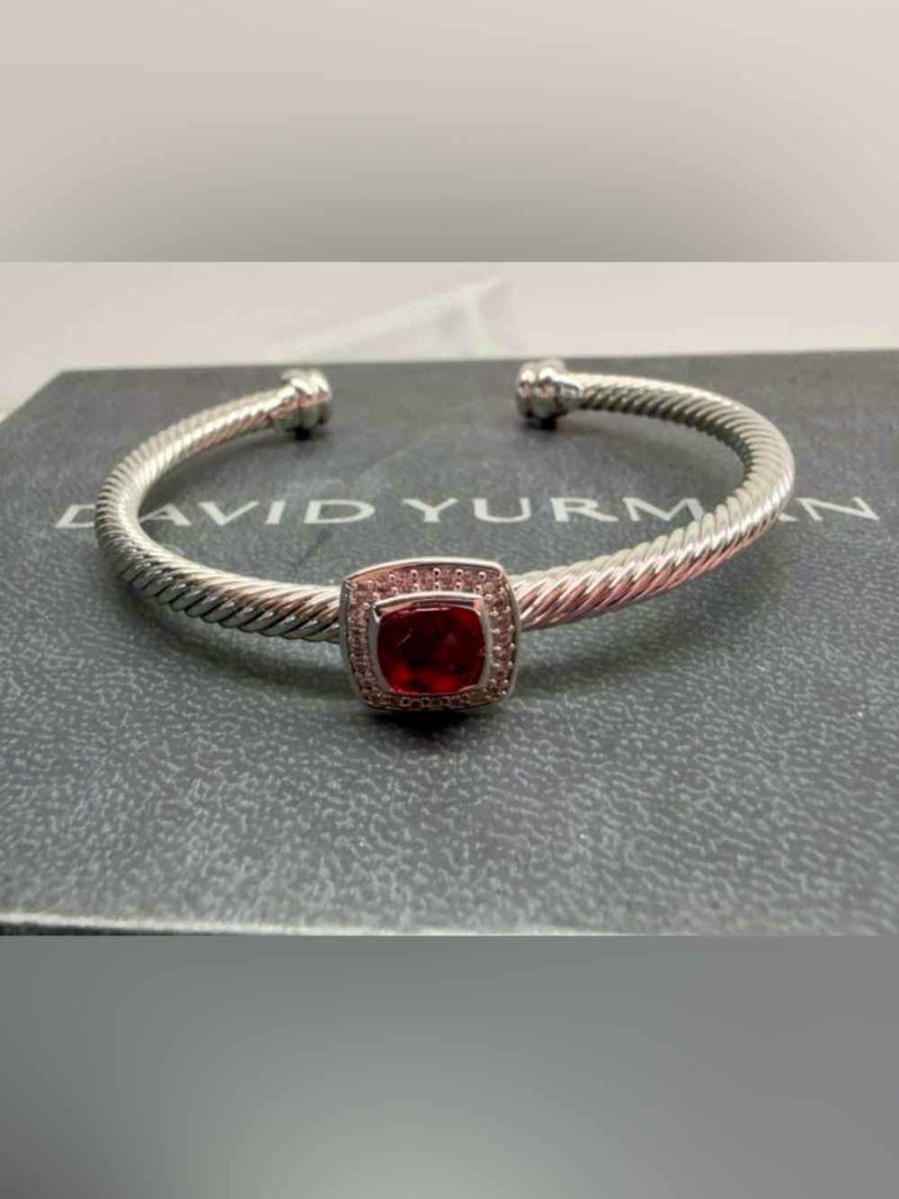 David Yurman Silver Cable Bracelet with Garnet Center. 4mm
